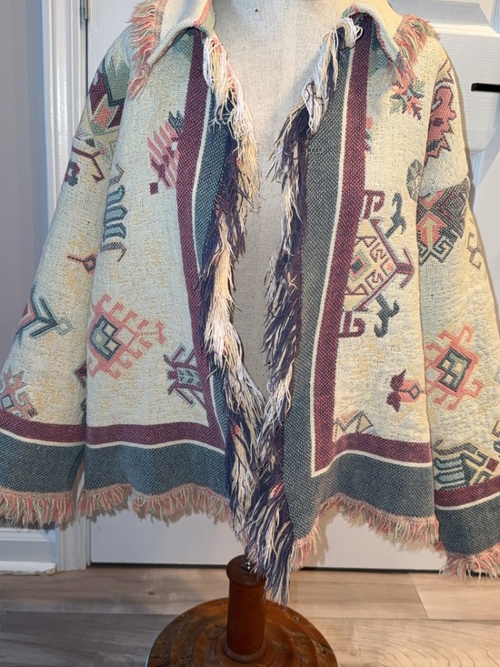 Jackets & Blazers - Fringed Southwestern Patterned Cardigan Jacket - Cream, Green, Burgundy